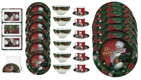 Kit Mesa Posta de Natal 26 Peças Melamina Prato Sobremesa, Petisqueira, Porta Guardanapo e Xícara - Magizi