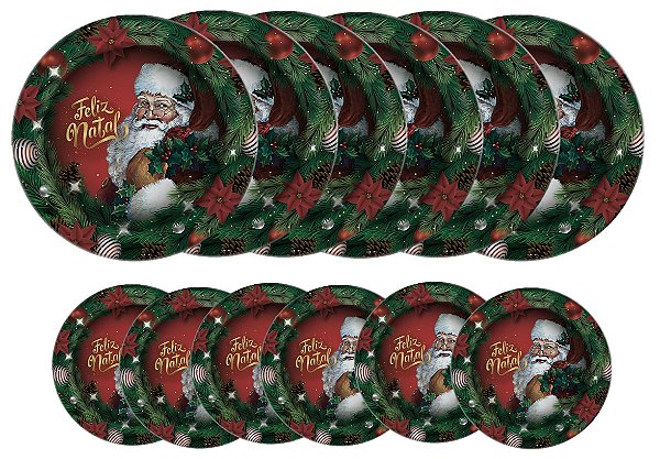 Kit Mesa Posta de Natal 12 Peças Melamina Prato de Jantar e Sobremesa - Magizi