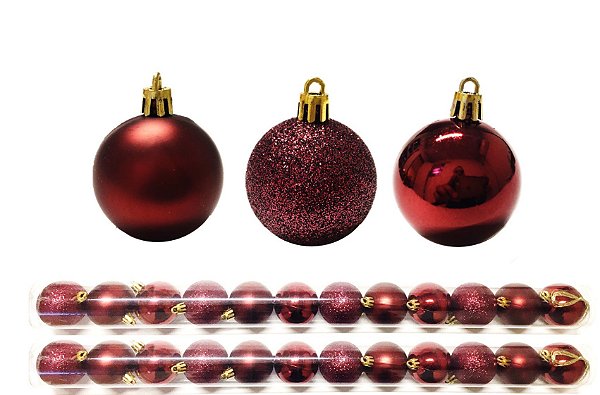 Jogo 24 Bolas Natal Mista Lisa, Gliter e Fosca Vinho 5cm - Master Christmas