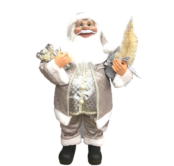 Papai Noel Casaco Cinza Perolado Luxo Grande 60cm Presente e Pinheiro - Master Christmas