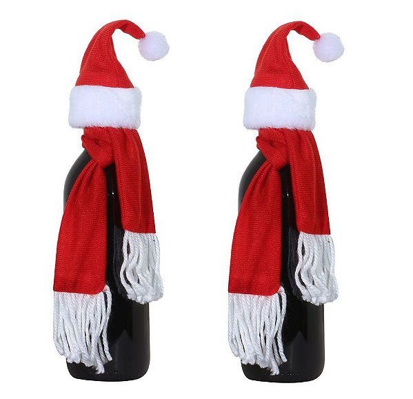 Kit Enfeite Garrafa Vinho Cachecol e Gorro Natal 2 Unidades - Magizi