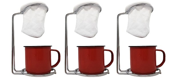 Kit 3 Mini Coador Café Aço Cromado Com Caneca Esmaltada Vermelha 120ml