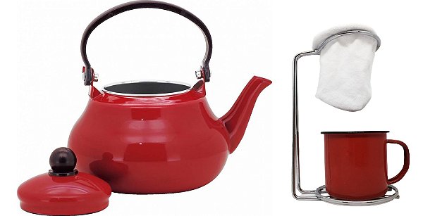 Kit Bule Chaleira Esmaltado 1500ml e Mini Coador Café Individual com Caneca - Mundial Import