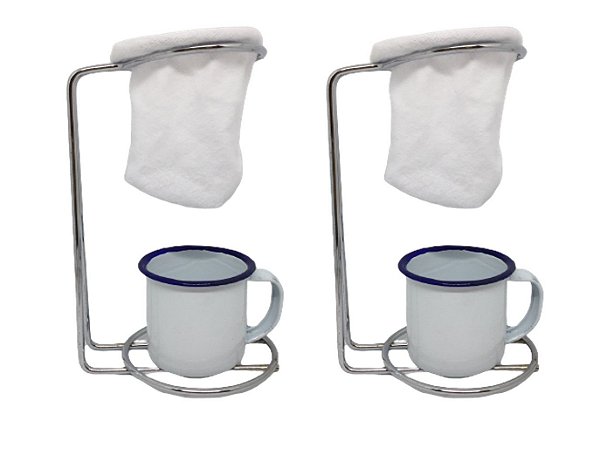 Kit 2 Mini Coador Café Aço Cromado Com Caneca Esmaltada Branca 90ml
