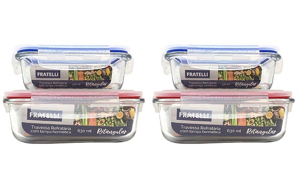 Kit 4 Travessas Refratária Vidro Com Tampa Hermética Premium 370ml e 630ml - Fratelli