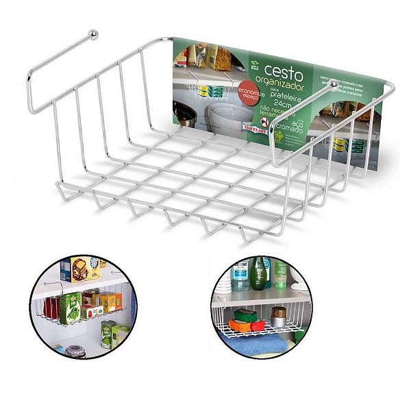 Cesto Organizador de Prateleira Aço Cromado Premium 24cm - Niquelart