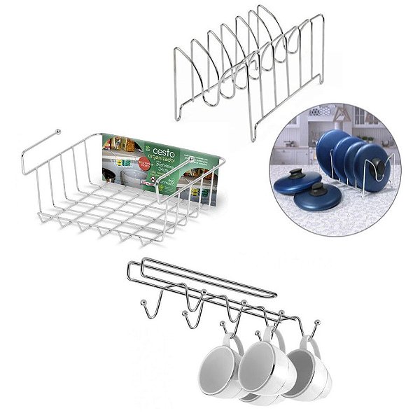 Kit 3 Organizadores Cozinha Suporte Xícaras, Porta Tampas Panela e Cesto Encaixe Aço Cromado - Niquelart