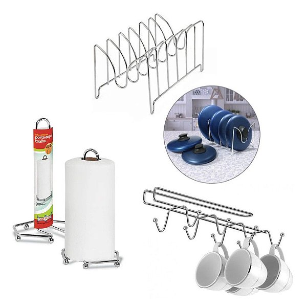 Kit 3 Organizadores Cozinha Porta Xícaras, Porta Tampas Panela e Porta Papel Toalha de Mesa Aço Cromado - Niquelart