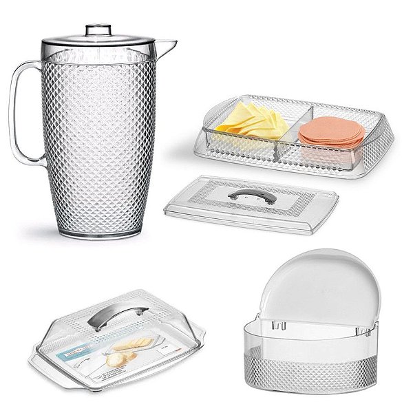 Kit 4 Peças Jarra Suco, Saleiro, Porta Frios e Manteigueira Acrílico Diamante - Niquelart