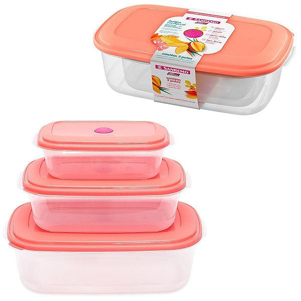 Conjunto de Potes Retangular Plástico Premium 3 Peças - Sanremo