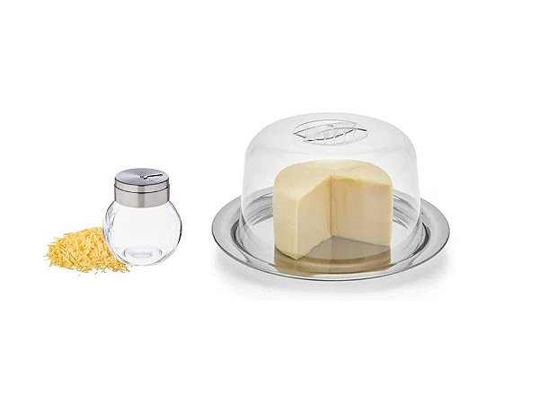 Conjunto Para Queijo Aço Inox Prime e Porta Queijo Ralado Vidro Tampa Giratória - Mundial Import