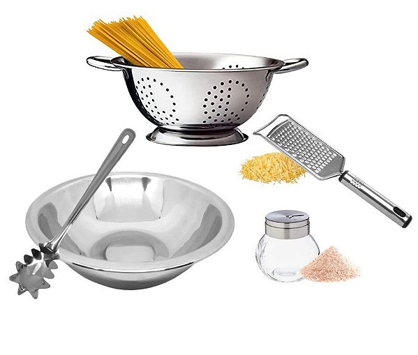 Kit para Massa Aço Inox 5 Peças Escorredor Macarrão, Bowl, Pegador, Queijeira e Ralador - Mundial Import