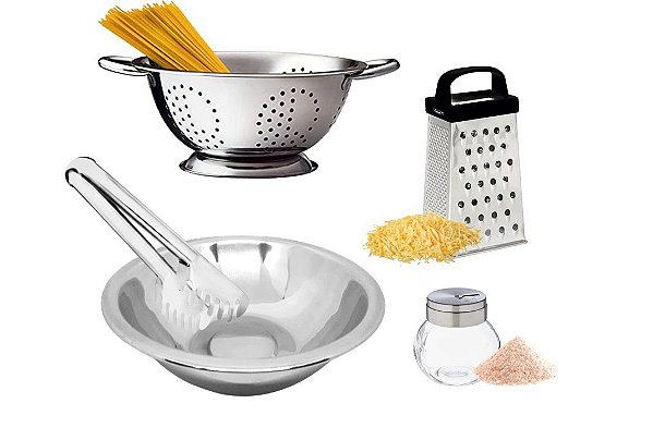 Super Jogo para Massa Aço Inox 5 Peças Escorredor Macarrão, Bowl, Pegador, Queijeira e Ralador - Mundial Import