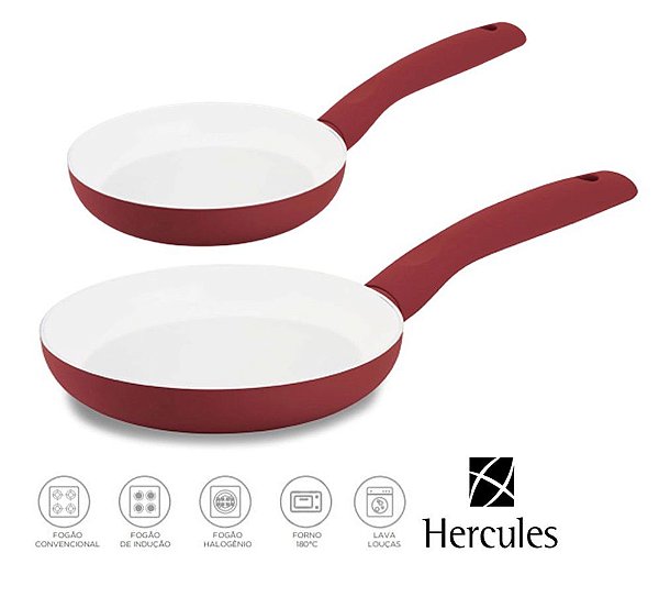 Jogo Frigideira Revestimento Cerâmica Fundo  Soft Touch Vermelha 18 e 24cm - Hercules
