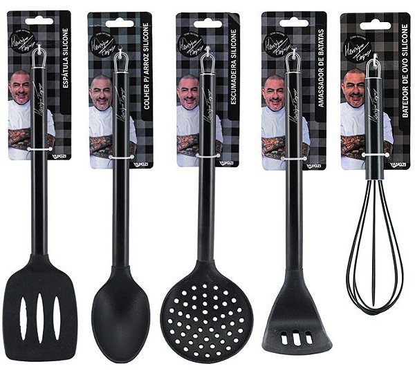Kit Colheres Cozinha Silicone Black Cabo Inox Premium Henrique Fogaça 5 Peças - Yazi