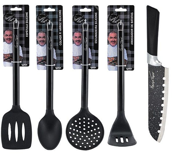 Kit Utensílios Cozinha Silicone Cabo Inox Com Faca Japonesa Henrique Fogaça 5 Peças - Yazi
