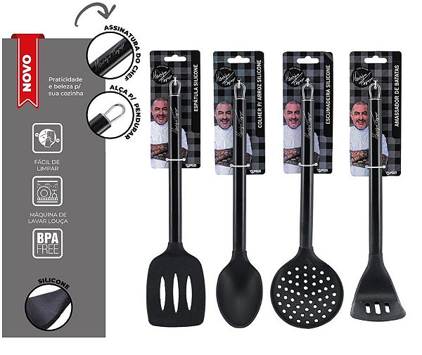 Jogo Espátula, Colher, Escumadeira e Amassador de Batatas Silicone Black Cabo Inox Henrique Fogaça - Yazi