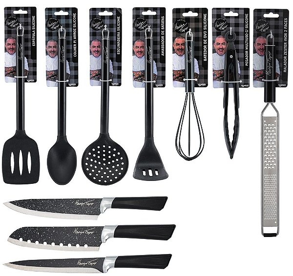 Conjunto Utensílios Cozinha Silicone Black Cabo Inox Premium Henrique Fogaça 10 Peças - Yazi