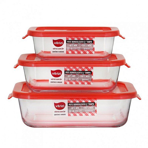 Kit Pote Retangular Vidro Borosilicato com Tampa 3 Unidades - Vitrizi