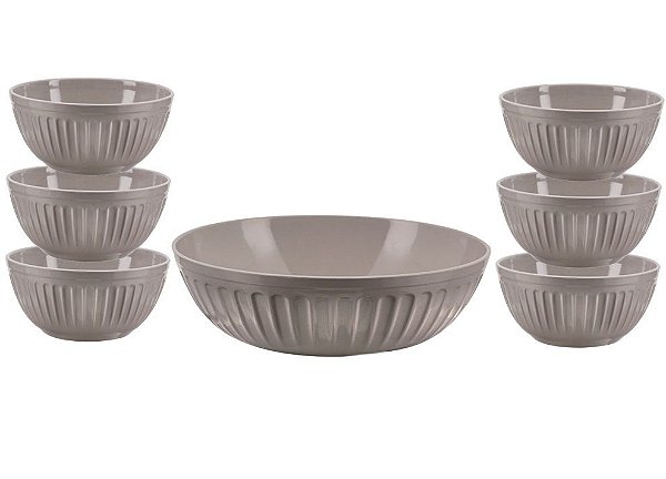 Jogo Tigelas Melamina Plisse Cinza Para Sobremesa ou Salada 7 Peças - Yazi