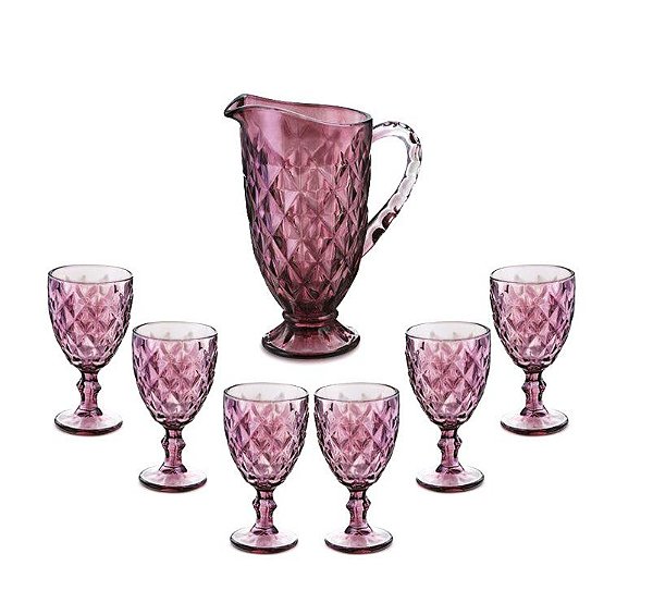 Jogo Jarra de Vidro e 6 Taças Marsala Vitral Verre 320ml - Mimo Style
