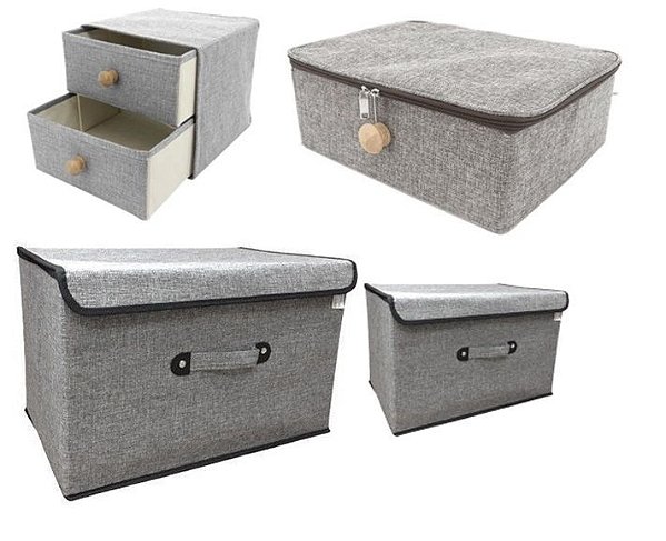 Kit Caixa Organizadora e Gaveteiro Linho Cinza Com Puxador Madeira 4 Peças