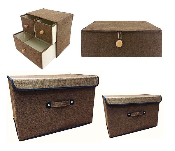 Jogo Caixa Organizadora e Gaveteiro Linho Marrom Com Puxador Madeira 4 Peças