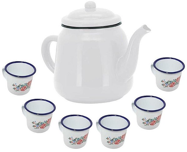 Conjunto Bule Esmaltado Branco 1,7 Litros e 6 Mini Canecas Estampadas 90ml - Yangzi