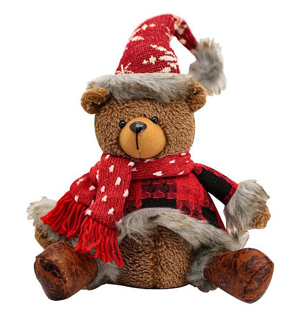Papai Urso Natal Pelúcia Sentado 23cm Cachecol Tricô e Casaco Xadrez - Magizi