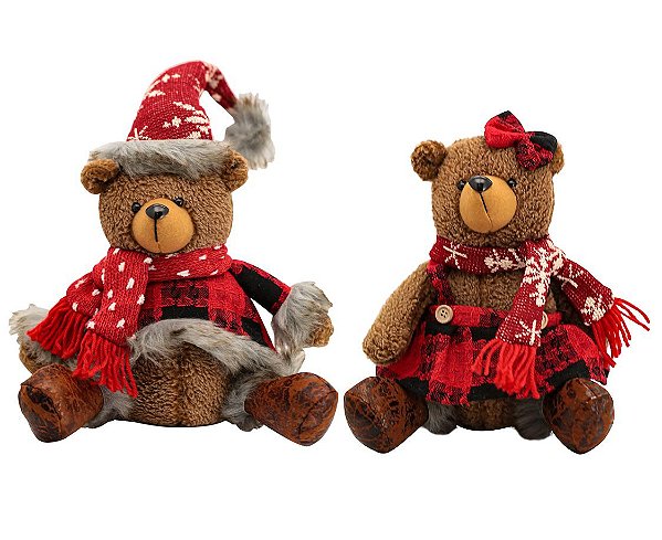 Jogo Papai e Mamãe Urso Natal Pelúcia Sentado 23cm Cachecol Tricô e Casaco Xadrez - Magizi