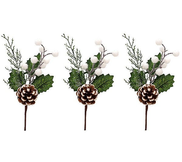 Kit Galho Pick Pinha Nevada Folhas e Berries Natal 17cm 3 Pç