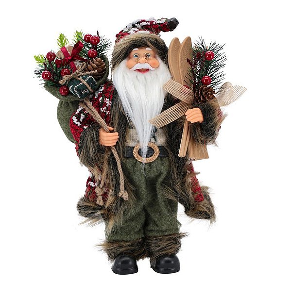 Papai Noel Luxo Esqui e Casaco Xadrez 30cm  Saco Presentes