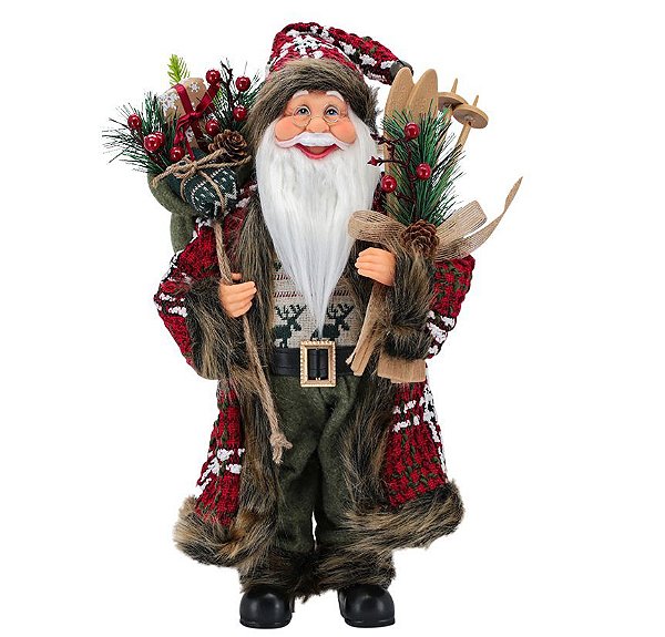 Papai Noel Luxo Esqui e Casaco Xadrez 40cm  Saco Presentes