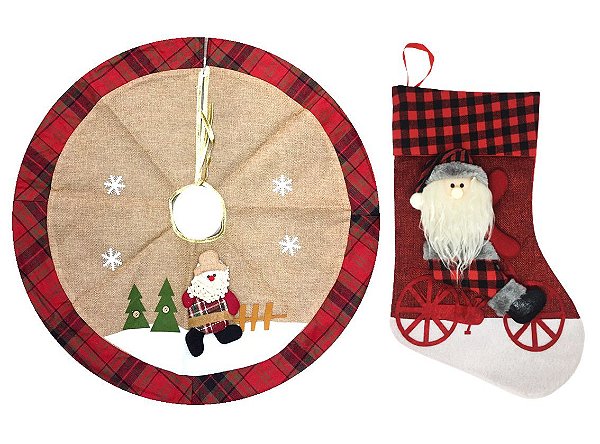 Jogo Saia Árvore Natal e Meia Decor Bike Xadrez Papai Noel