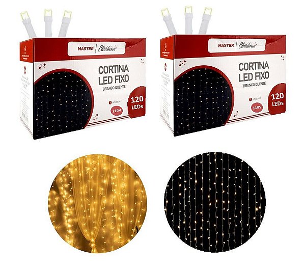 Kit 2 Cortina LED Branco Quente 120 Lâmpadas 1,2mx90cm 127V