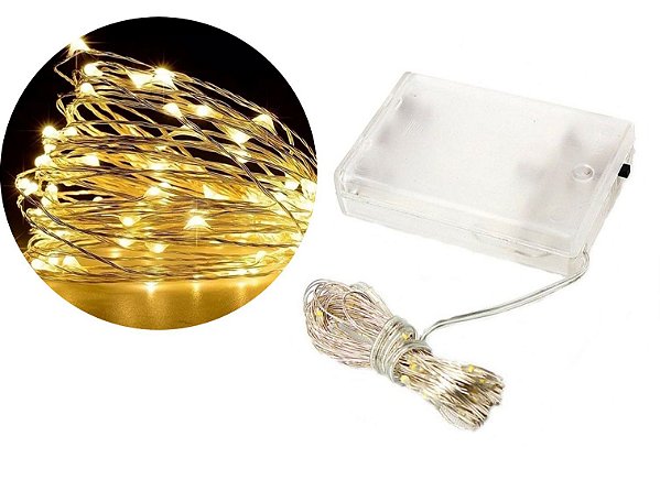 Fio de Fada Micro LED Pilha 50L Branco Quente Fixa 5 metros