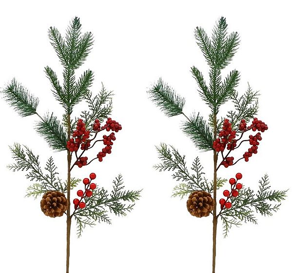 Kit Galho Arranjo Natal Mix Folhas Berries e Pinha 60cm 2 Unidades - Magizi
