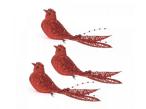 Kit Passarinho Natal Full Glitter Pérolas Vermelho 16cm 3 Un