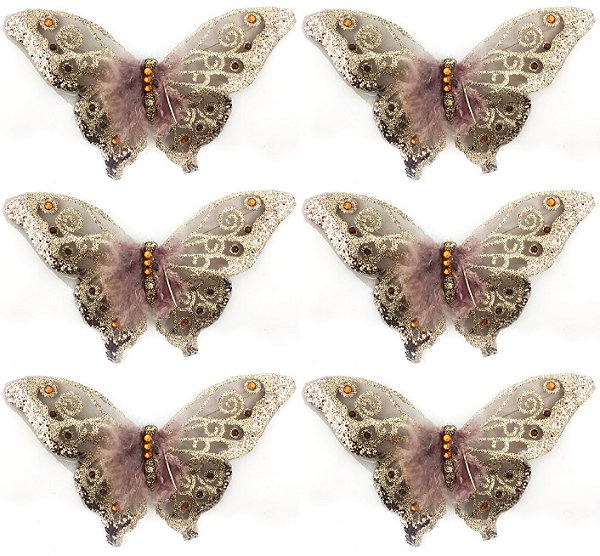 Kit Borboleta Decor Luxo Plumas e Pedras Brilho Bronze 6 Pç