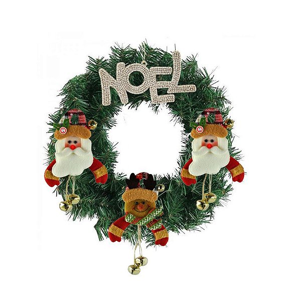 Guirlanda Decorada 25cm Placa Noel Champanhe e Personagens Pelúcia Guizo Premium - Magizi