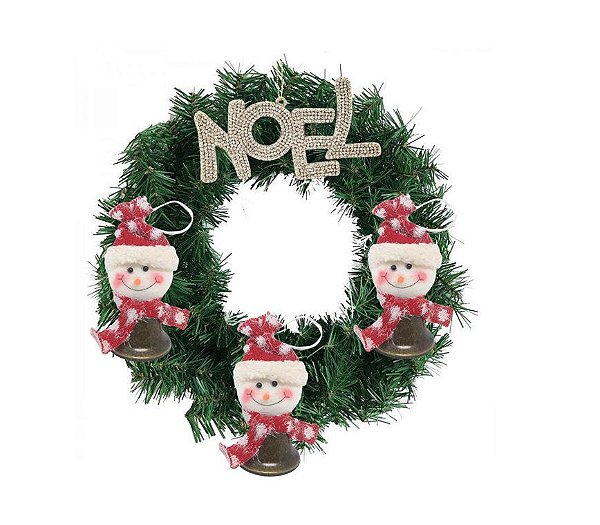 Guirlanda Decorada 25cm Placa Noel Champanhe e Sinos Metal Rústico Pelúcia Boneco de Neve - Magizi