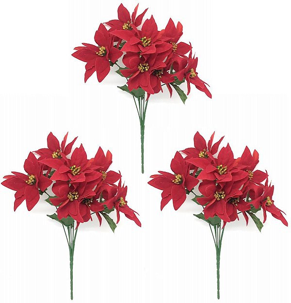 Jogo 3 Buquê Natal Bico Papagaio Lamê Vermelho 7 Flores 32cm