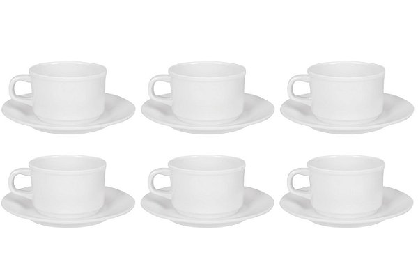 Jogo de Xícara com Pires Para Chá Plástico Melamina Branca 200ml 6 Un