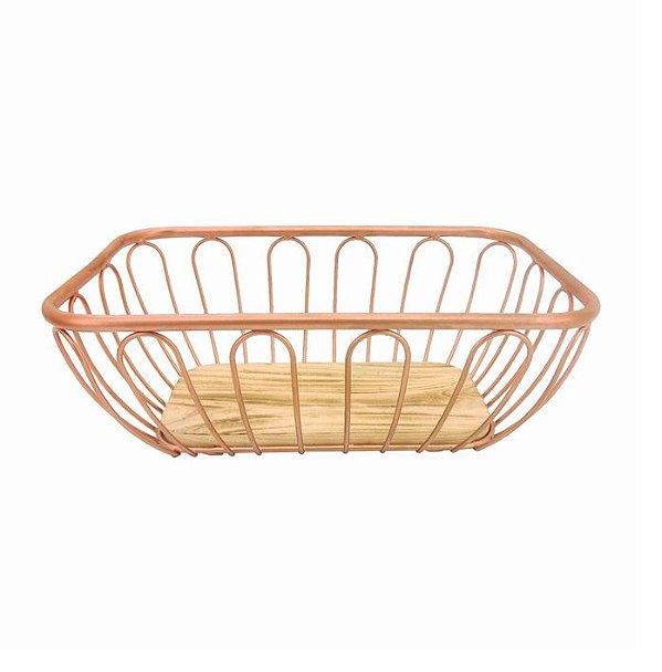 Cesta Metal Rosê Gold Fundo Madeira Singapura Média 25cm x 15cm - Yazi