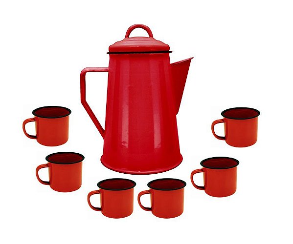 Jogo Bule Leiteira Esmaltada Vermelha 1,2 Litros e 6 Mini Canecas 90ml - Yazi