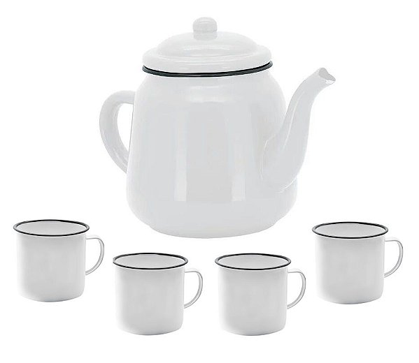 Conjunto Bule Esmaltado Branco 1 Litro e 4 Mini Canecas 90ml