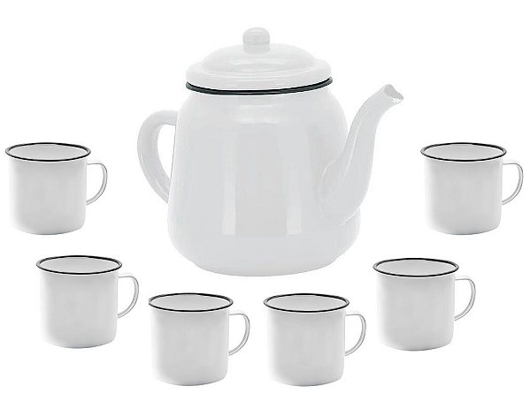 Conjunto Bule Esmaltado Branco 1 Litro e 6 Mini Canecas 90ml