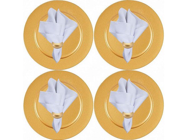 Kit Sousplat Dourado Liso, Guardanapo Tecido e Anel 12 Peças