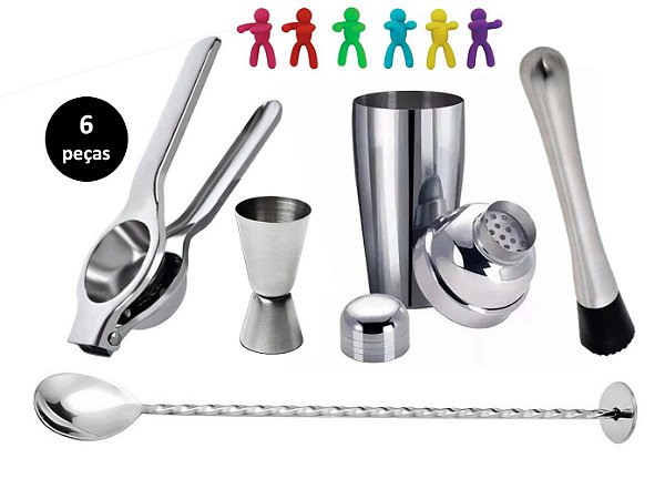 Kit Barman Aço Inox Prime 6 Peças com Coqueteleira e Marcadores Color - Yangzi
