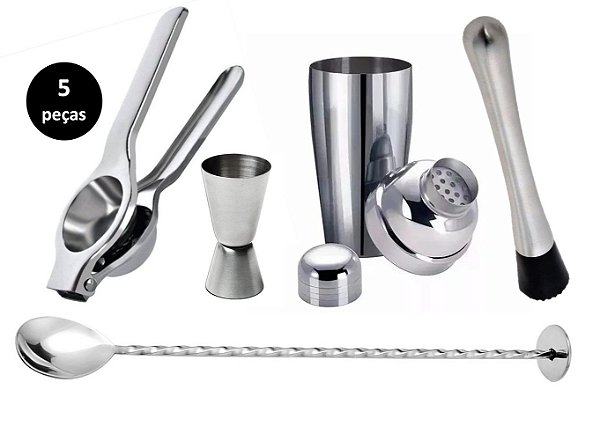 Kit Caipirinha Top Inox 5 Peças com Coqueteleira e Colher Bailarina - Yangzi